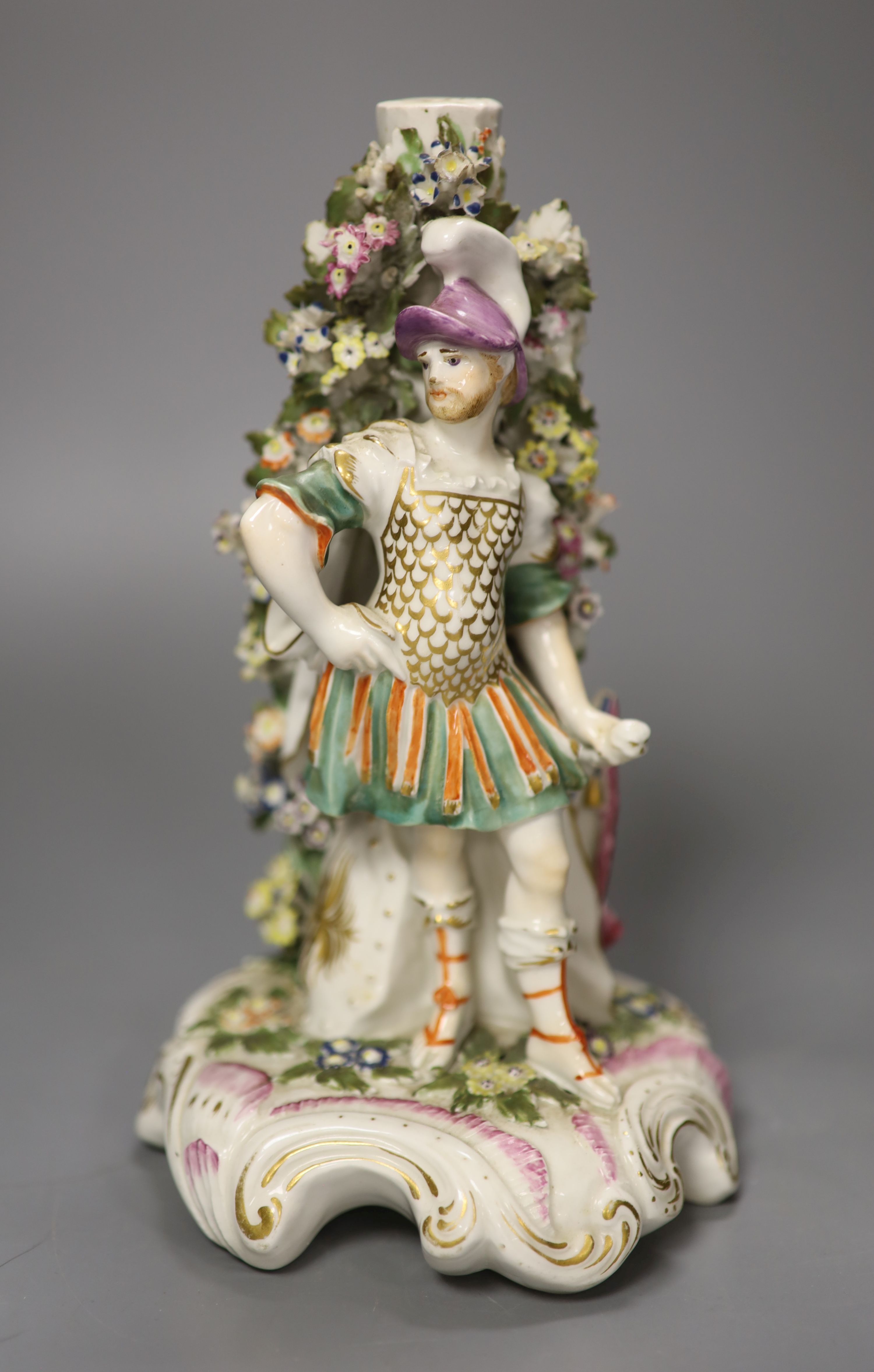 A Derby figure of Mars standing beside a shield in front of a flowering tree c. 1765-70, height 22cm